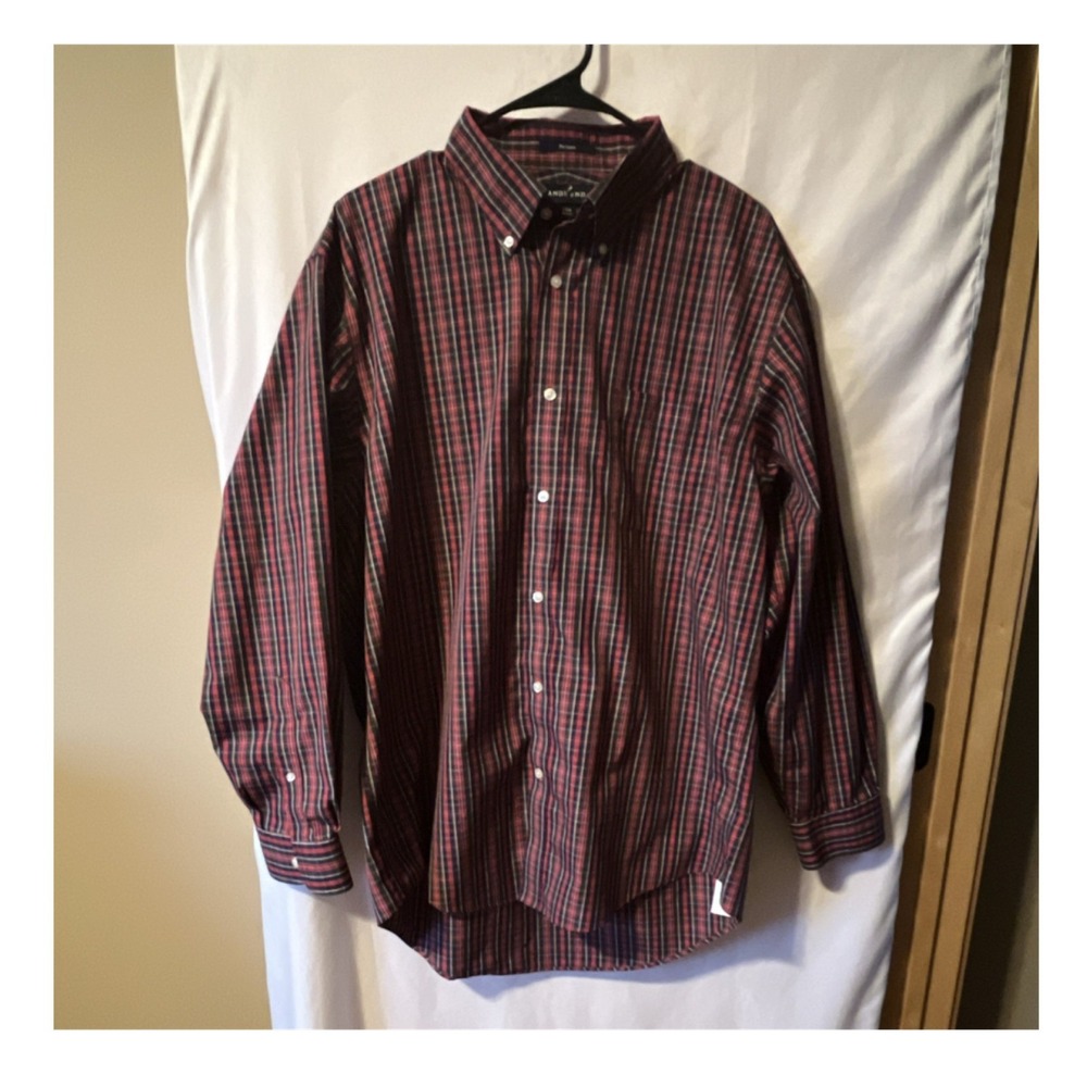 Lands' End Men's No Iron Plaid Dress Shirt L/XL Cotton Button-Down Long Sleeve
